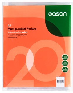 EASON A4 20 PREMIUM PUNCHED POCKETS 80 MICRON CLEAR