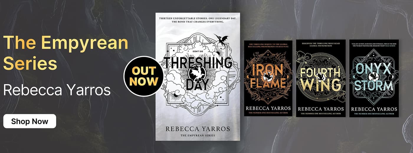 banner with book covers for Threshing Day by Rebecca Yarros and the Empyrean series 