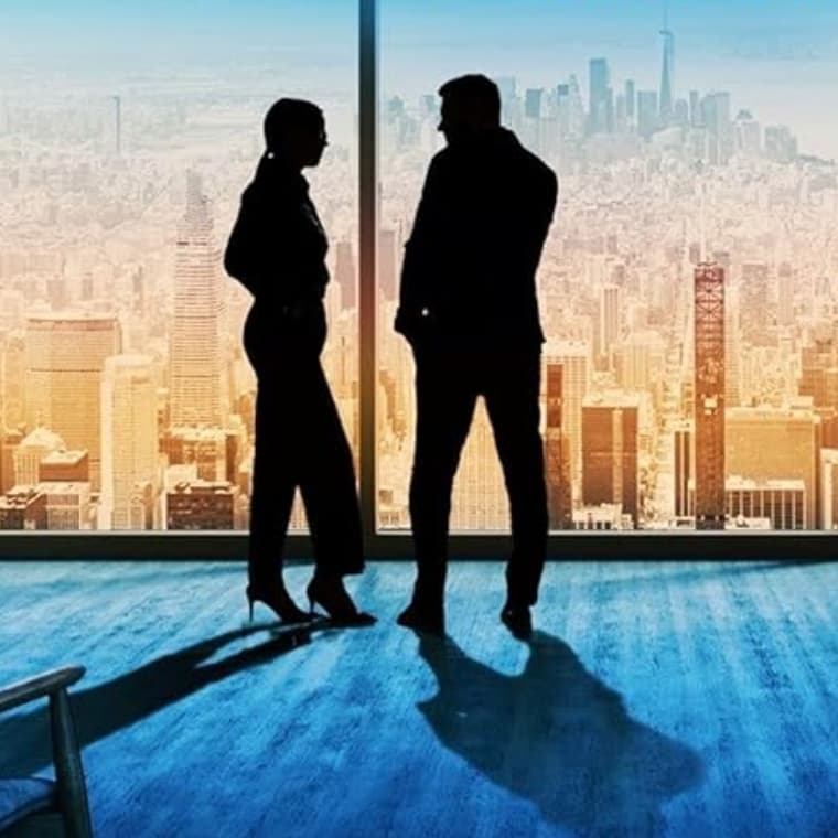 Image of couple silhouetted against a city skyline taken from the Steve Cavanagh book 'One of Us is Guilty'