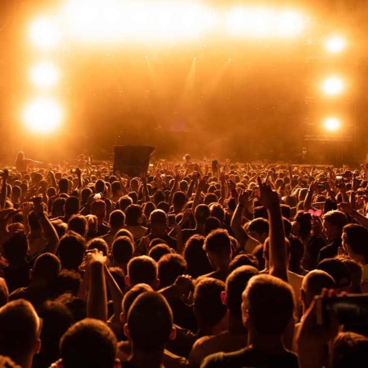 Image for the new entertainment biographies - photo of a concert stage from behind the audience