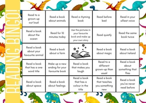 Reading bingo book tracker with dinosaur background