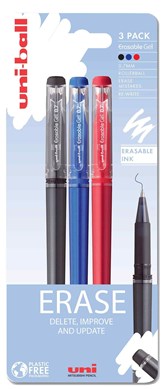 Uniball Erasable Capped Black/Blue/Red  3 Pack Plastic Free