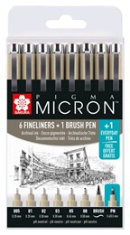 Sakura Pigma Micron 7 Fineliners + 1 Brush Pen Set
