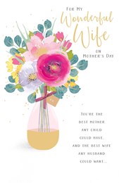 Mothers Day Card Wife Pink Flowers 9x6